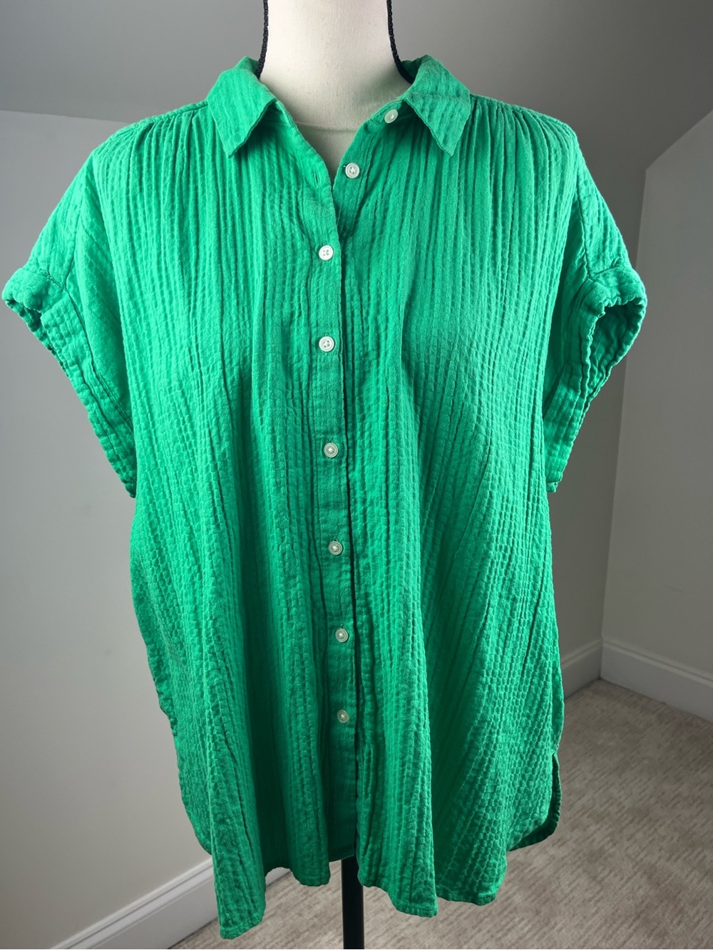 LOFT Bright Green Gauze Button-Down Shirt